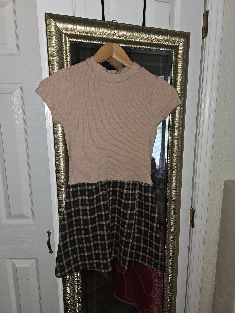 Girls' Short Sleeve Pink & Brown Plaid Dress
